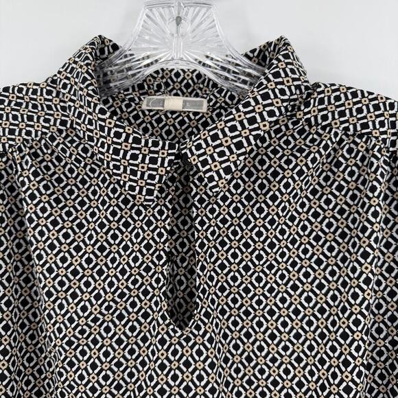 Pleione Black Geometric Collared Keyhole Neck Long Sleeve Career Top Size Large - Picture 4 of 9